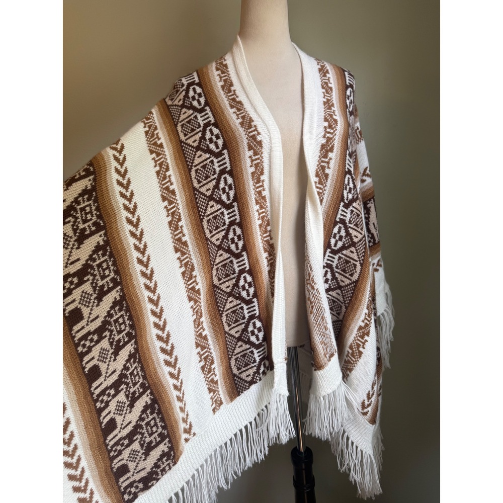 Boho Llama Knit Poncho Wrap Fringe Shawl Brown Cream OS whimsi dainty  cottage